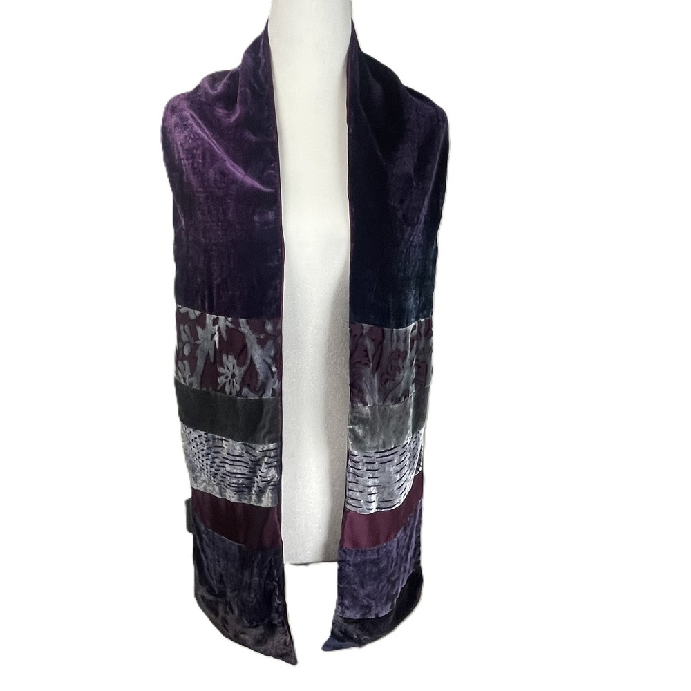 Kevin O'Brien Scarf Handmade USA Burnout‎ Velvet Patchwork Art Purple 66x7